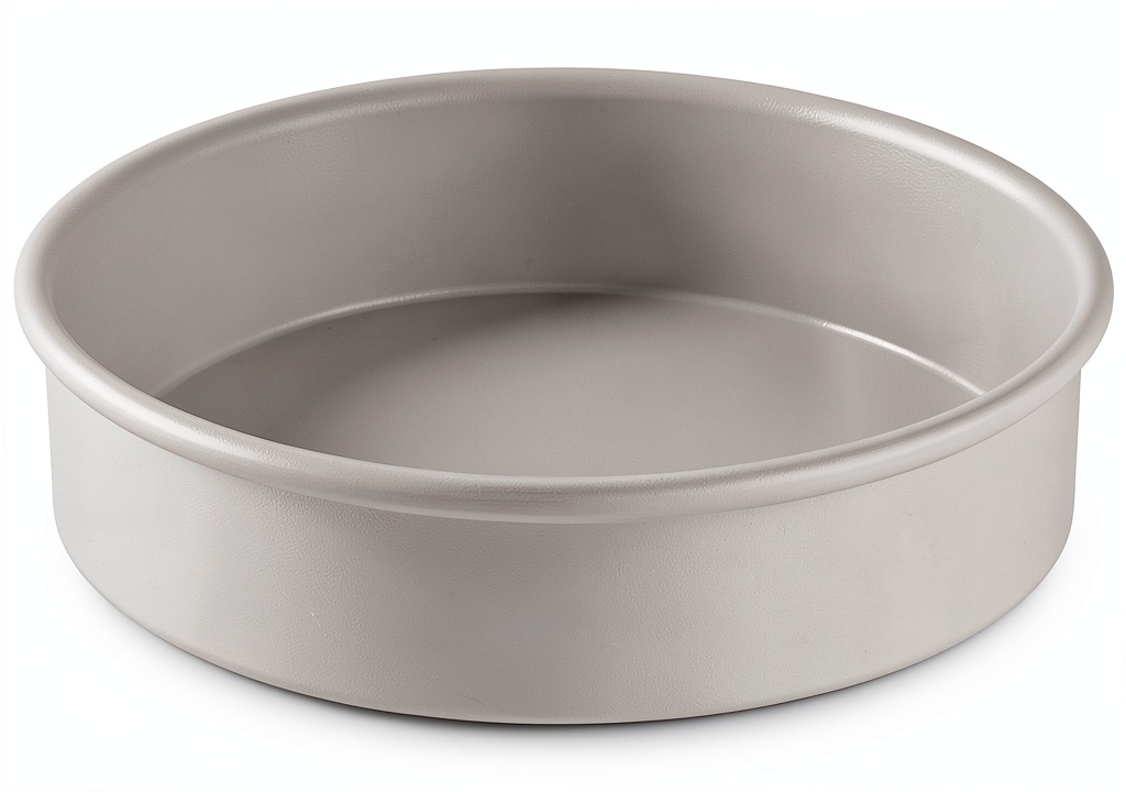 Lloyd Pans round cake pan placed on a kitchen counter with batter poured in