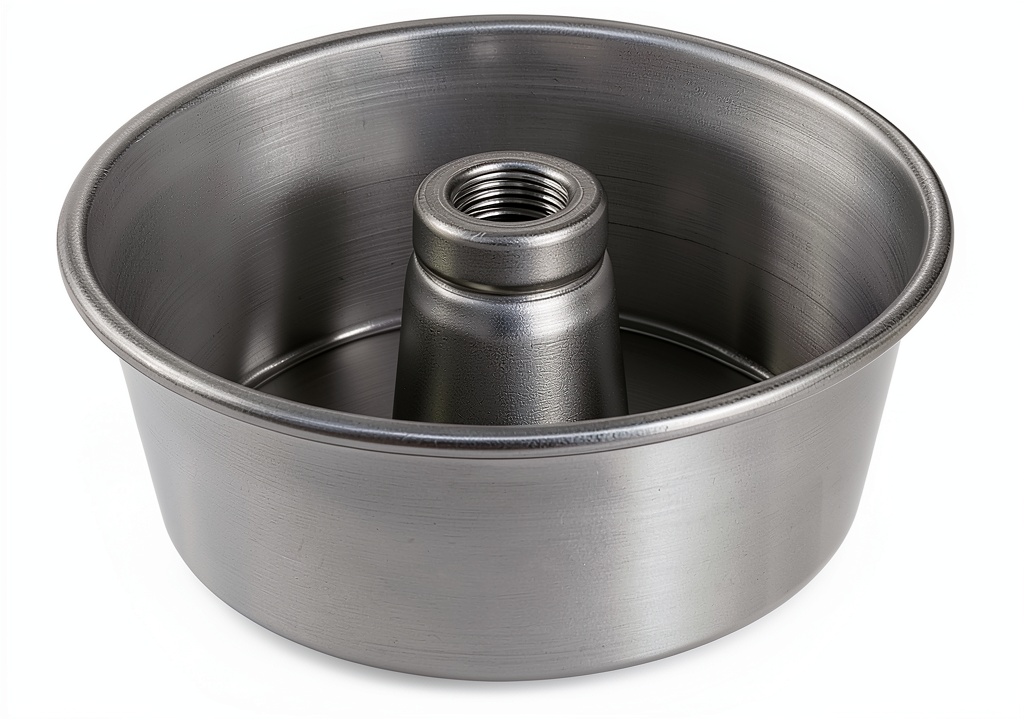 Chicago Metallic Angel Food Cake Pan placed on a kitchen counter with a freshly baked cake