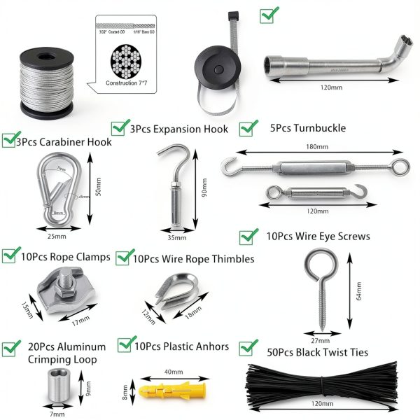 1/8 Turnbuckle Kit YaJing 30M & 50M Stainless Steel Wire Rope with-5