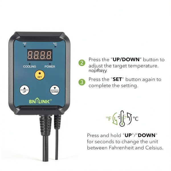 BN-LINK Digital Cooling Thermostat Controller, Temperature Controlled Outlet for Attic Fan, Exhaust Fan, Cooling Devices 40-108°F, 8.3A 1000W-3